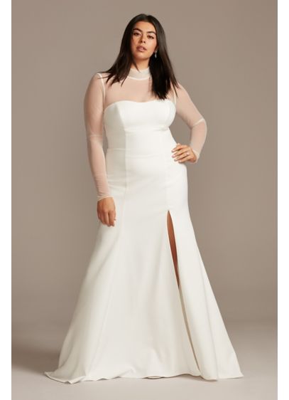 Illusion Sleeve High Neck Plus Size Wedding Dress - Although unembellished, this stretch crepe wedding dress is